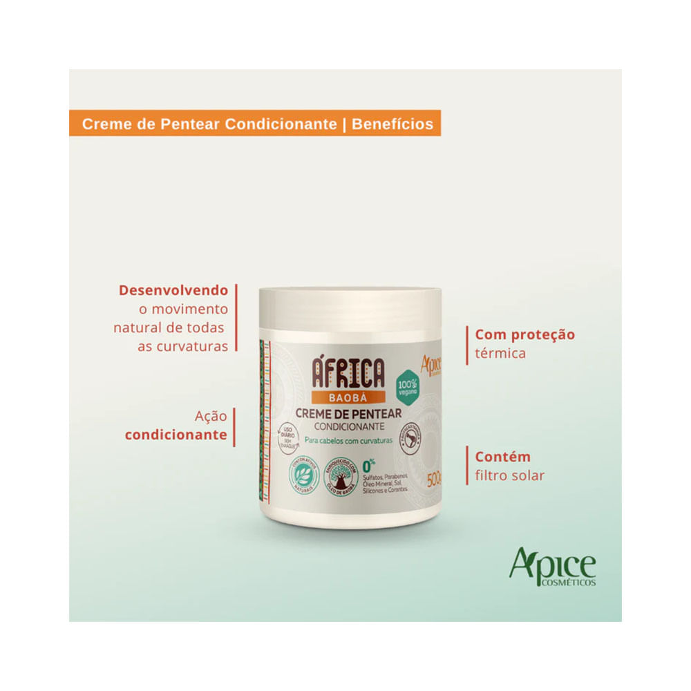 Imagem promocional do creme de pentear Apice África Baobá destacando benefícios
